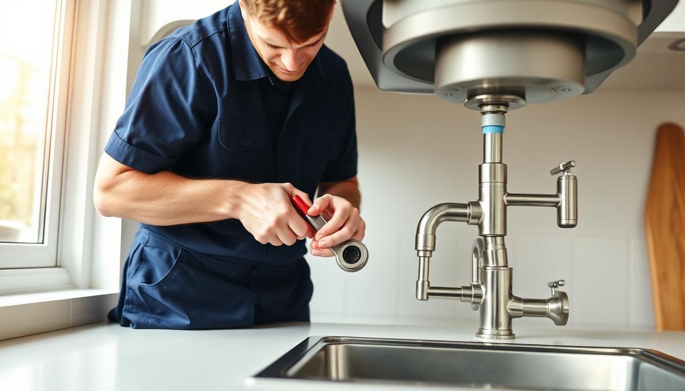 Professional plumber working on kitchen sink pipes