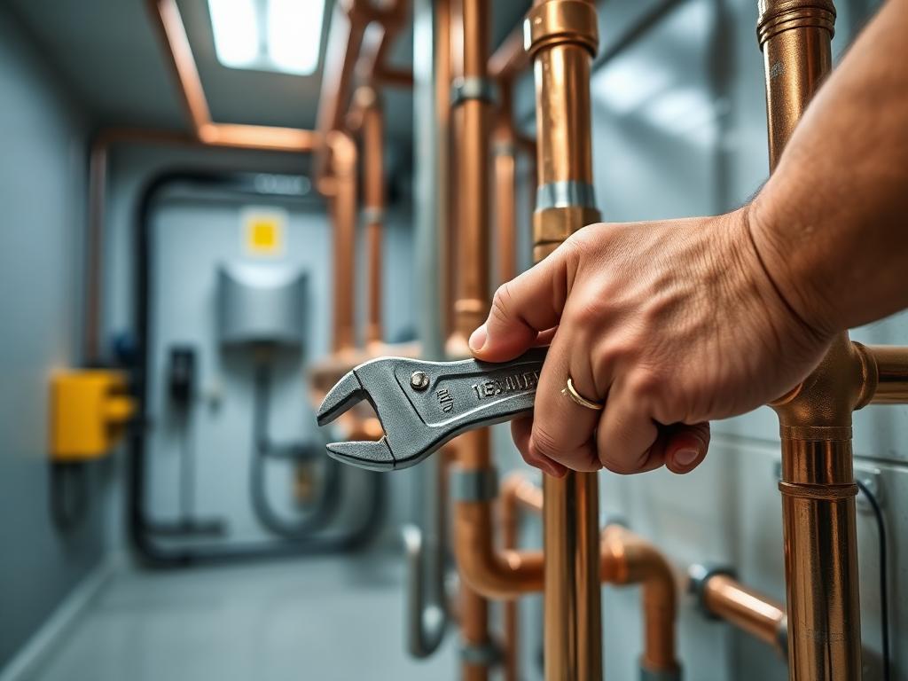 Professional pipe wrench work on copper plumbing pipes